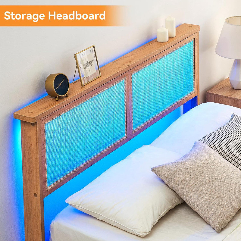 Full Size Bed Frame with Natural Rattan Storage Headboard Platform Bed Frame with LED Lights Wooden Support Legs Noise Free No Box Spring Needed Easy